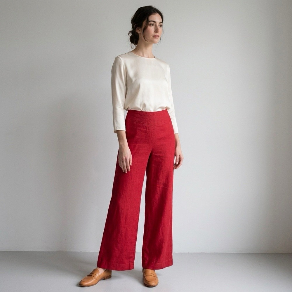 H&M Linen Pants Women Size 8 Red 100% Linen Straight Leg Side Zip Resort Coastal